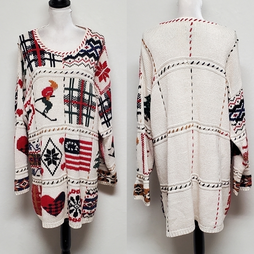 Jacque & Koko Vintage Together Patchwork Art Wear America Love Christmas Sweater